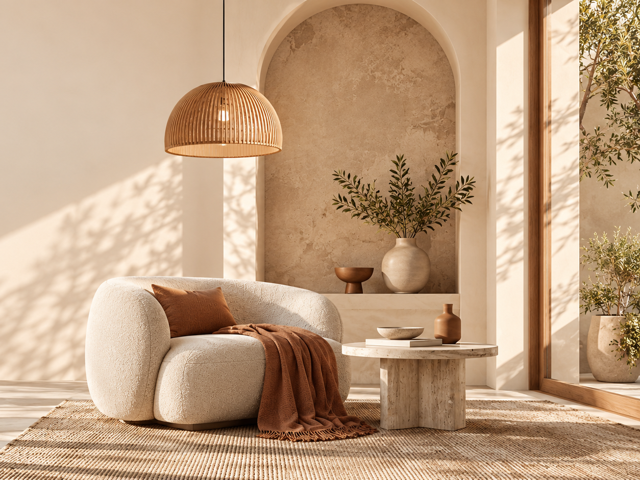 Warm contemporary interior mood image with sculptural seating, light and architectural details