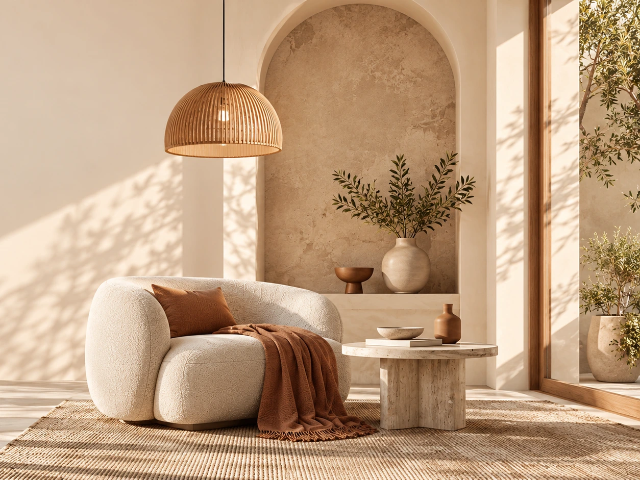 Warm contemporary interior mood image with sculptural seating, light and architectural details